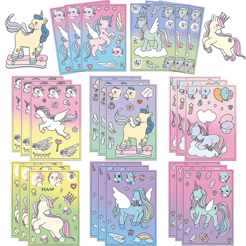 Adesivi Fai da Te Crea un Volto Unicorno Cartone Animato per Bambini Giocattolo Educativo Puzzle Creativo Arcobaleno Pegasus Scrapbooking
