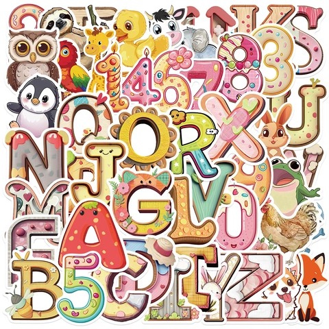 Cute Animal Alphabet Number Stickers For DIY Scrapbooking Laptop Waterproof Cartoon PVC Decals For Kids Student Journal