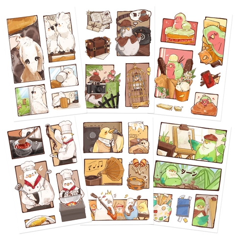 Adesivi per Uccelli Cartoni Animati Illustrazioni di Pappagalli Dipinti a Mano Decalcomanie in PVC Impermeabili per Scrapbook Laptop
