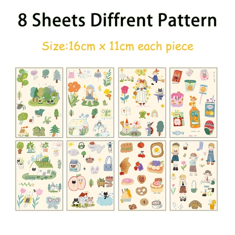 8 Blatt Niedliche Koreanische Cartoon DIY Wasserdichte PVC Aufkleber Für Scrapbooking Handyhülle Helm Dekoration Ästhetische Handgezeichnete Abziehbilder