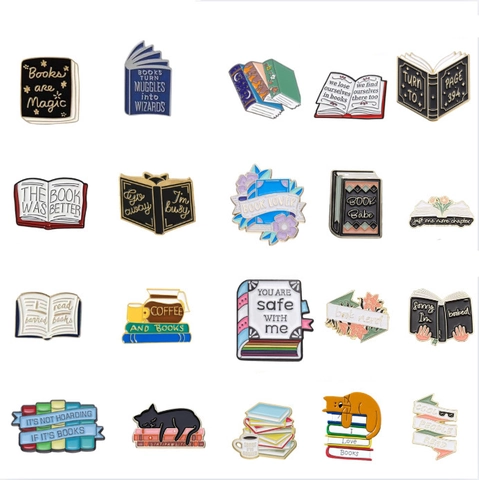 Book Enamel Pin Collection Cute Cartoon Metal Badges For Book Lovers Cat Coffee Novelty Brooches Backpack Clothes Lapel Pin