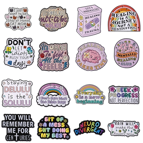 Inspirational Healing Quotes Enamel Pins Mental Health Awareness Rainbow Zinc Alloy Metal Brooch Badge For Clothing Backpack Accessories