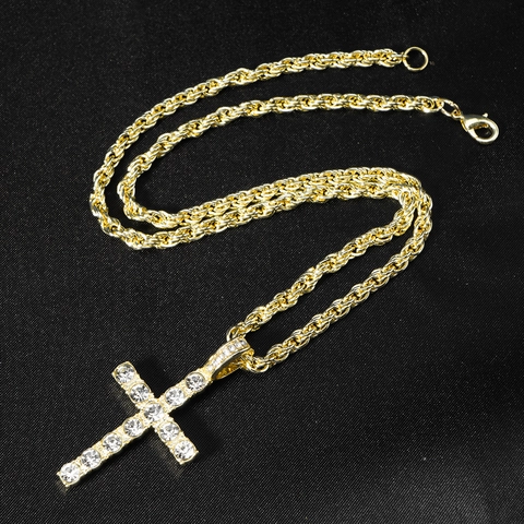 Collar con Colgante de Cruz de Aleación con Diamantes de Imitación Hip Hop para Hombre Cadena de Cuerda Chapada en Oro Joyería
