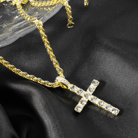 Collar con Colgante de Cruz de Aleación con Diamantes de Imitación Hip Hop para Hombre Cadena de Cuerda Chapada en Oro Joyería