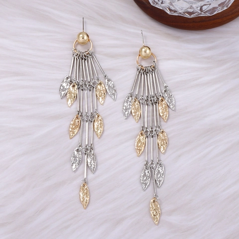Französischer Leichter Luxus Legierung Blatt Quaste Ohrhänger Für Damen Gold Silber Gemischt Gehämmerte Textur Boho Schmuck