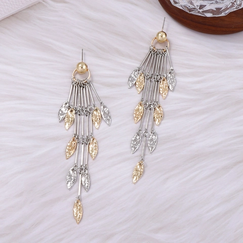 Französischer Leichter Luxus Legierung Blatt Quaste Ohrhänger Für Damen Gold Silber Gemischt Gehämmerte Textur Boho Schmuck