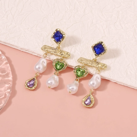 Vintage Goud Legering Kleurrijke Strass Druppel Oorbellen Met Kunstparel Blauw Groen Paars Steen Geometrische Sieraden Voor Dames