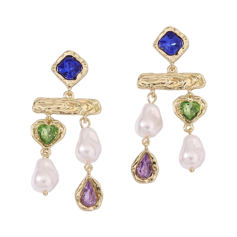 Vintage Goud Legering Kleurrijke Strass Druppel Oorbellen Met Kunstparel Blauw Groen Paars Steen Geometrische Sieraden Voor Dames