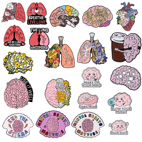Broches en Émail Organe Humain Fleur en Alliage Cerveau Cœur Poumons Just Breathe Open Mind Sensibilisation Santé Mentale Bijoux Cadeau