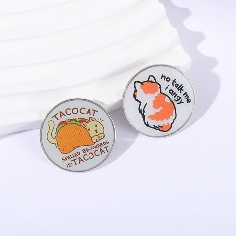 Funny Cartoon Cat Enamel Brooch Pin Set Creative Palindrome Tacocat And Angy Cat Meme Round Alloy Badge Pin For Clothing Bags Jewelry