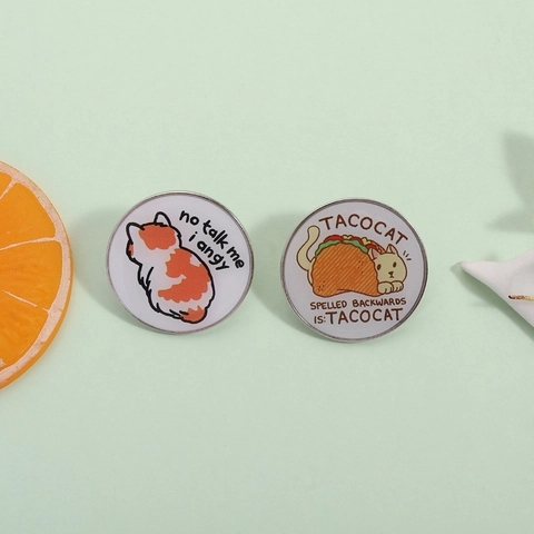 Funny Cartoon Cat Enamel Brooch Pin Set Creative Palindrome Tacocat And Angy Cat Meme Round Alloy Badge Pin For Clothing Bags Jewelry