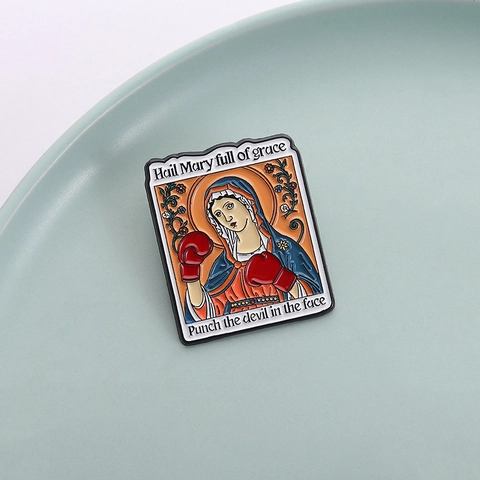 Humorous Religious Enamel Pin Virgin Mary Wearing Boxing Gloves Alloy Brooch Funny Quote Badge Creative Clothing Jewelry