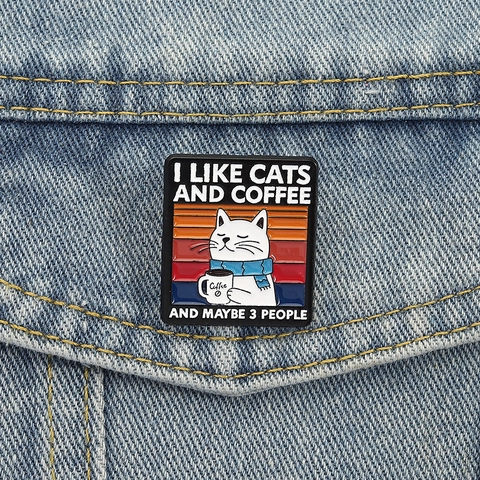 Cartoon White Cat Holding Coffee Enamel Pin Retro Sunset Stripe Zinc Alloy Brooch Badge For Clothing Backpack Decoration