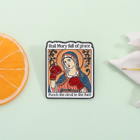 Humorous Religious Enamel Pin Virgin Mary Wearing Boxing Gloves Alloy Brooch Funny Quote Badge Creative Clothing Jewelry
