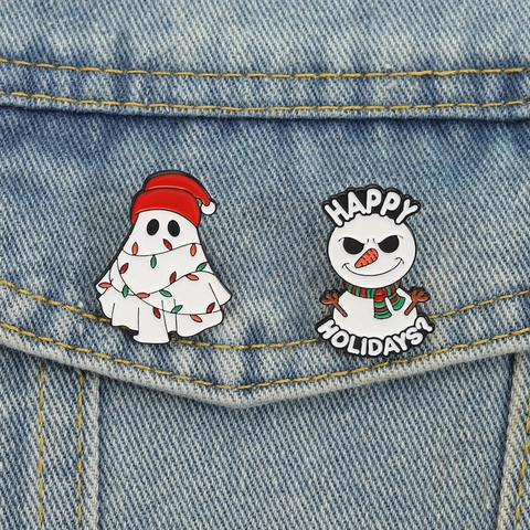 Pin de Esmalte Navideño Aleación de Zinc Fantasma Muñeco de Nieve Happy Holidays Broche Para Ropa Mochila de Denim Joyería Regalo
