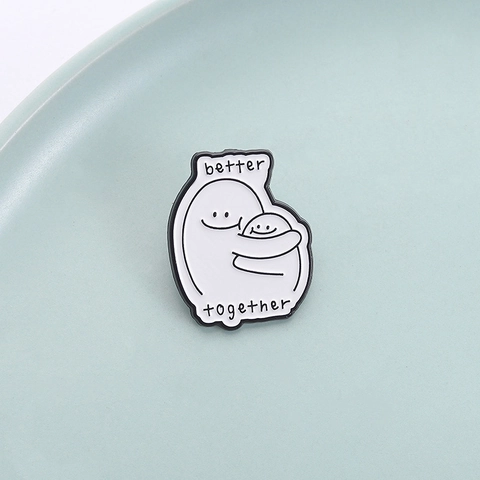 Better Together Hugging Figures Alloy Enamel Brooch Minimalist Black White Cartoon Quote Badge For Clothing Bag Decor