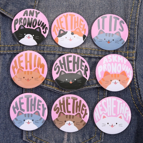Cartoon Cute Cat Pronoun Pin Badge Alloy Tinplate Brooch For Bags Clothes Accessories HE SHE THEY Identity Pins