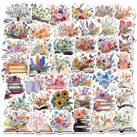 Künstlerische Blumen Und Buch PVC Aufkleber Wasserdicht Cartoon Schmetterling Blume Decals Für Scrapbooking Laptop DIY Deko