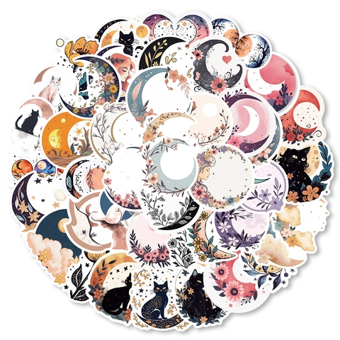 Ästhetische Mond Blumen Katzen Wasserdichte PVC Aufkleber Für Scrapbooking DIY Laptop Planer Journal Handyhülle Dekoration