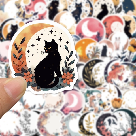Ästhetische Mond Blumen Katzen Wasserdichte PVC Aufkleber Für Scrapbooking DIY Laptop Planer Journal Handyhülle Dekoration