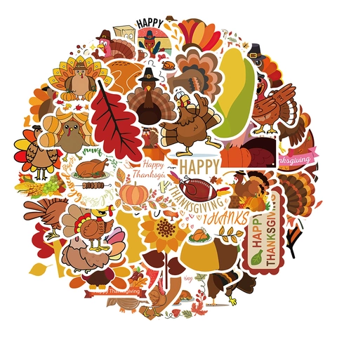 Adesivi per il Giorno del Ringraziamento Tacchino dei Cartoni Animati Foglia d'Acero Autunnale Zucca PVC Decalcomanie Impermeabili per Scrapbooking Decorazioni per Feste