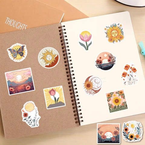 Boho Sonne Schmetterling Blume Wasserdichte PVC Matte Aufkleber Für Laptop Koffer Gitarre Journal Scrapbooking Dekoration