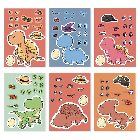 Cartoon Dinosaur DIY Stickers Make A Face Waterproof Stickers For Kids Craft Party Favors Educational Scrapbooking Decor