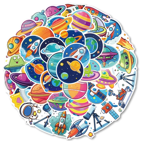 Cartoon Space Exploration Astronaut Rocket Planet Stickers For Laptop Suitcase Skateboard DIY Decorative PVC Decals