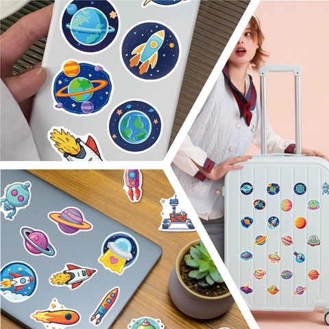 Cartoon Space Exploration Astronaut Rocket Planet Stickers For Laptop Suitcase Skateboard DIY Decorative PVC Decals