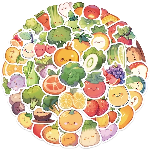 60Pcs Cute Cartoon Vegetable Fruit Stickers For Kids Kawaii Waterproof PVC Reward Decals For Laptop Fridge Stationery Decoration