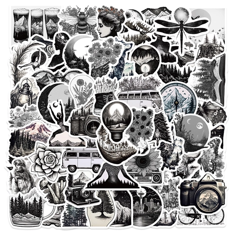 Vintage Noir Et Blanc Nature Illustration Imperméable PVC Autocollants Pour Ordinateur Guitare Bagages Scrapping Journal Décalcomanies Décoratives