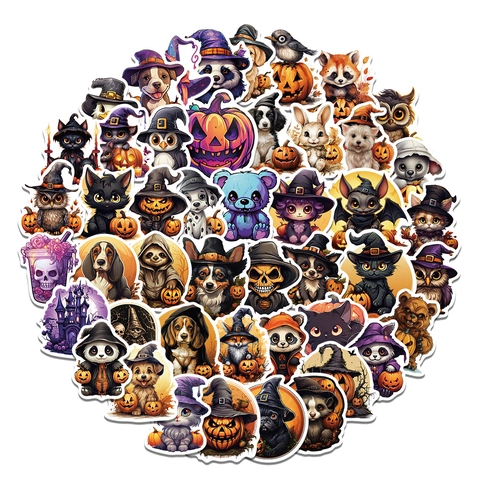 Adesivi Graffiti Animali di Halloween Decalcomanie in PVC Impermeabili per Laptop Bottiglia d'Acqua Skateboard Zucca Cappello da Strega