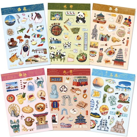 Original Stadt Reise Impression Aufkleber Für Scrapbooking DIY Dekoration Wahrzeichen Essen Kultur Handgezeichnet PVC Etiketten