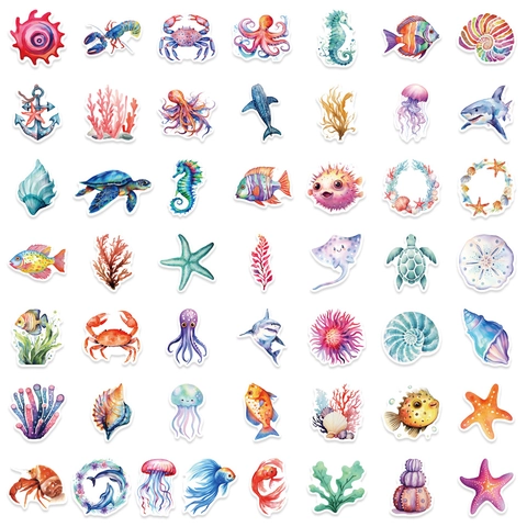 100 Pezzi Adesivi Graffiti Animali Oceanici Acquerello Impermeabili PVC Decalcomanie Vita Marina per Laptop Telefono Frigorifero