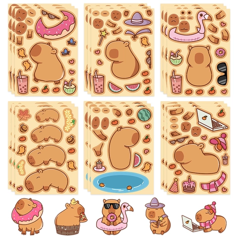 Cartoon Capybara DIY Make A Face Stickers Waterproof PVC Scrapbooking Decorative Sticker Sheets For Kids Cute Animal Face Matching