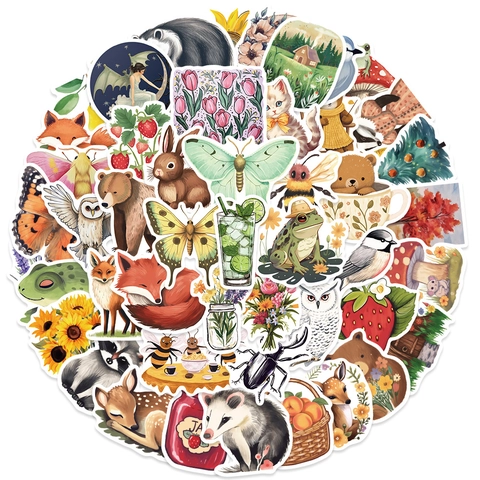 Cartoon Geheimnisvoller Wald Tiere Aufkleber Wasserdicht PVC Ästhetische Illustration Abziehbilder Für Laptop Handy Hülle Koffer Handbuch Dekor