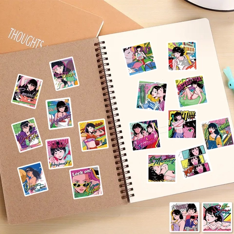 Retro Anime Mädchen Aufkleber Wasserdicht PVC City Pop Stil Dekorative Decals Für Laptop Koffer Handy Notizbuch DIY Kunst