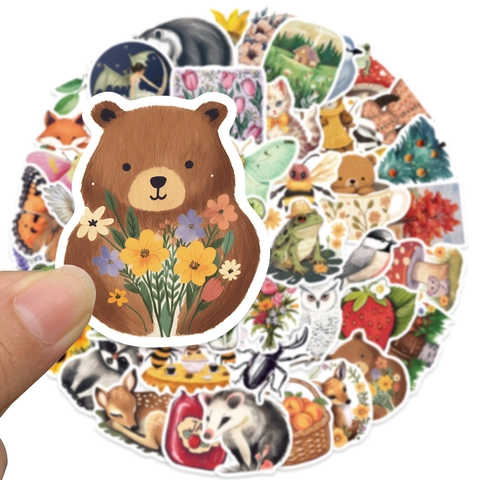 Cartoon Geheimnisvoller Wald Tiere Aufkleber Wasserdicht PVC Ästhetische Illustration Abziehbilder Für Laptop Handy Hülle Koffer Handbuch Dekor
