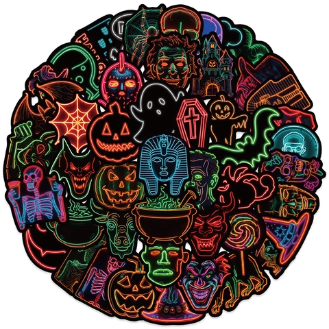 50 Pièces Autocollants Néon Halloween Imperméable PVC Rétro Personnages Horreur Citrouille Fantôme Crâne Décor Pour Laptop Valise Guitare