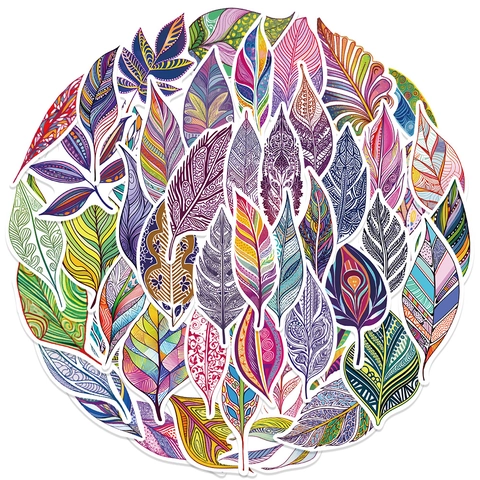 50 Pezzi Adesivi Foglia Piuma Colorati in Smalto PVC Impermeabile Decalcomanie DIY per Laptop Skateboard Scrapbooking