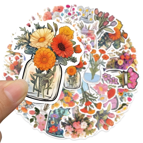 Cartoon Flower In Bottle Waterproof Stickers Set For Laptop Phone Case Luggage DIY Decorative Botanical Floral Decals