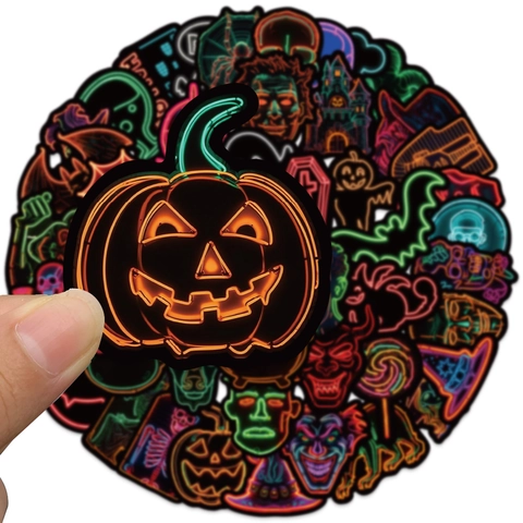 50 Pièces Autocollants Néon Halloween Imperméable PVC Rétro Personnages Horreur Citrouille Fantôme Crâne Décor Pour Laptop Valise Guitare