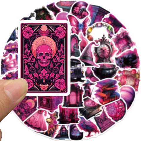 Gothic Horror Aufkleber Retro Dunkelviolett Pink Mystisch Hexe Skelett Rabe PVC Wasserdichte Sticker Für Laptop Skateboard DIY