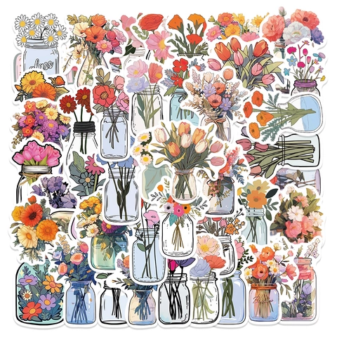 Cartoon Flower In Bottle Waterproof Stickers Set For Laptop Phone Case Luggage DIY Decorative Botanical Floral Decals
