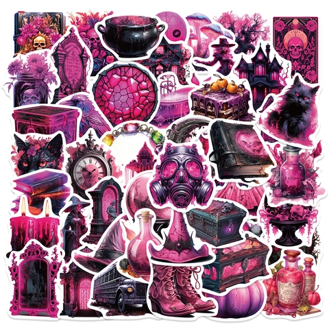 Gothic Horror Aufkleber Retro Dunkelviolett Pink Mystisch Hexe Skelett Rabe PVC Wasserdichte Sticker Für Laptop Skateboard DIY