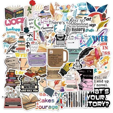 50Pcs Novel Writer Stickers Literature Theme Waterproof PVC Aesthetic Decals For Laptop Journal Water Bottle Luggage Decoration