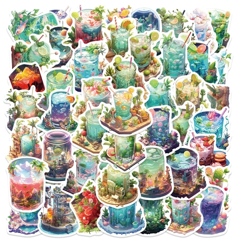 Waterproof PVC Miniature World Drink Illustration Stickers Creative Cartoon Decals For Scrapbook Phone Case Laptop Decor