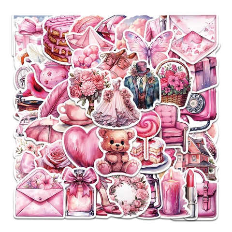 Adesivi Impermeabili in PVC a Tema Matrimonio Romantico Rosa per Scrapbook Laptop Casco Frigorifero Adesivi Decorativi Fai-da-te Stile Disegnato a Mano