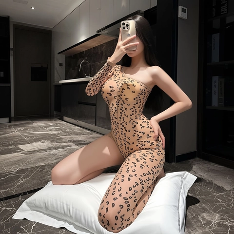 Body Sexy Imprimé Léopard pour Femmes Asymétrique Manche Longue Unique Une Épaule Polyester Coupe Slim Combinaison Lingerie