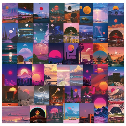 Aesthetic Landscape Stickers Sunset Healing Style Retro Vaporwave Waterproof Decals For Laptop Phone Fridge Journal Decoration